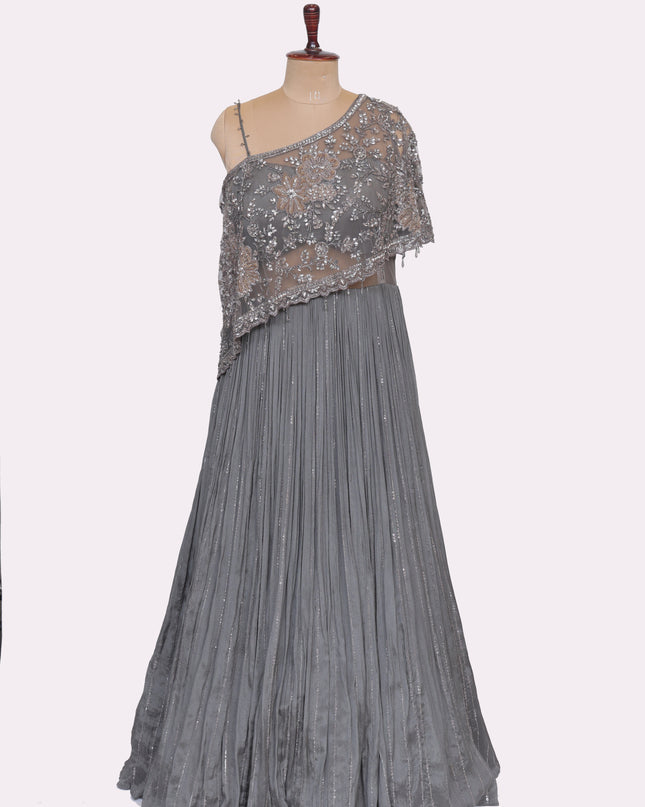 Grey Off Shoulder Gown with Attached Cape   - Colour Grey - Size L, XL, XXL