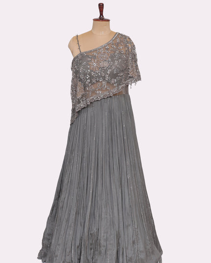 Grey Off Shoulder Gown with Attached Cape   - Colour Grey - Size L, XL, XXL
