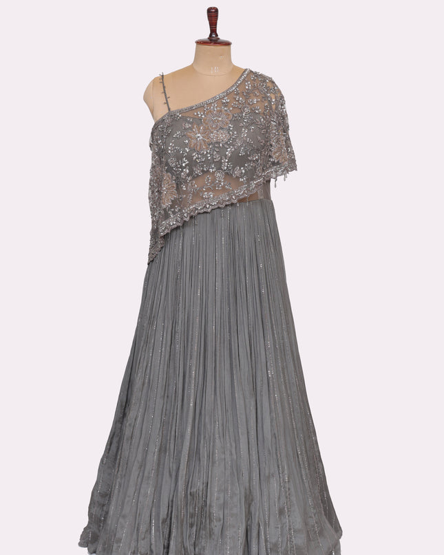 Grey Off Shoulder Gown with Attached Cape   - Colour Grey - Size L, XL, XXL