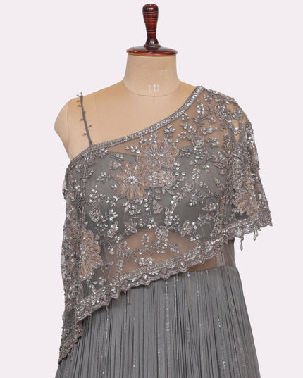 Grey Off Shoulder Gown with Attached Cape   - Colour Grey - Size L, XL, XXL