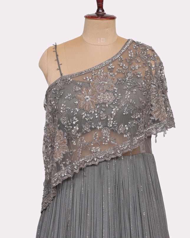 Grey Off Shoulder Gown with Attached Cape   - Colour Grey - Size L, XL, XXL