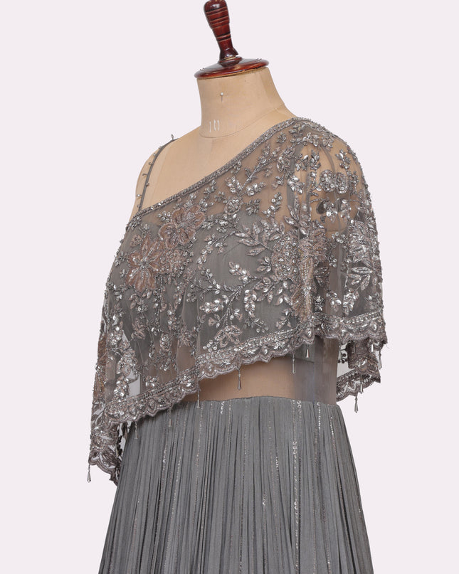 Grey Off Shoulder Gown with Attached Cape   - Colour Grey - Size L, XL, XXL