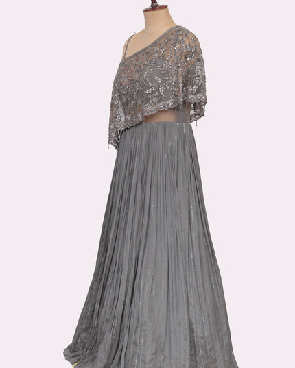 Grey Off Shoulder Gown with Attached Cape   - Colour Grey - Size L, XL, XXL