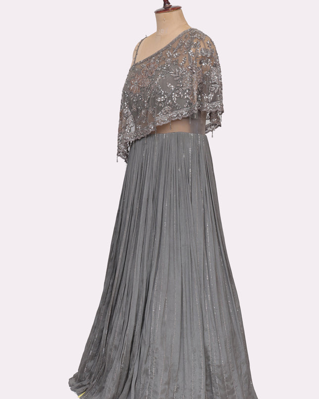 Grey Off Shoulder Gown with Attached Cape   - Colour Grey - Size L, XL, XXL