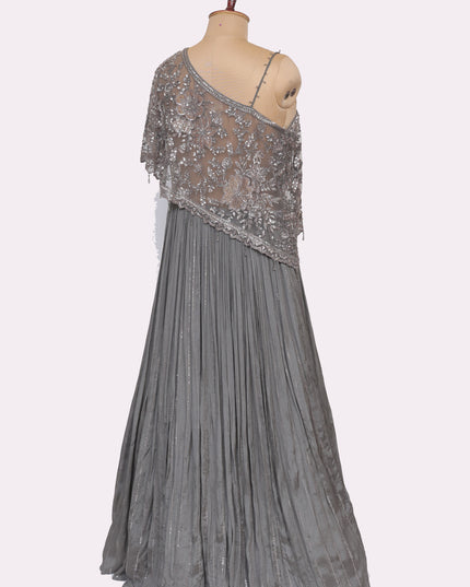 Grey Off Shoulder Gown with Attached Cape   - Colour Grey - Size L, XL, XXL
