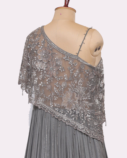 Grey Off Shoulder Gown with Attached Cape   - Colour Grey - Size L, XL, XXL
