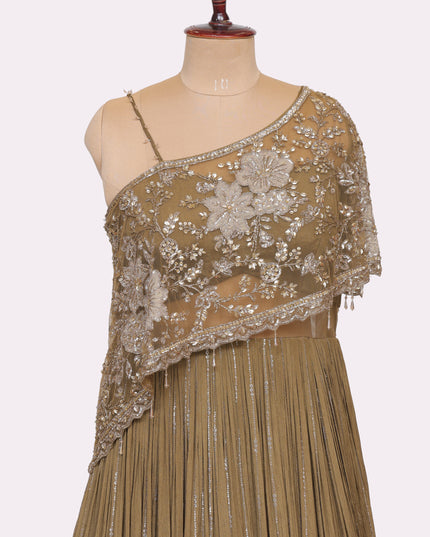 Mehendi Green Off Shoulder Gown with Attached Cape   - Colour Mehendi Green - Size L, XL, XXL