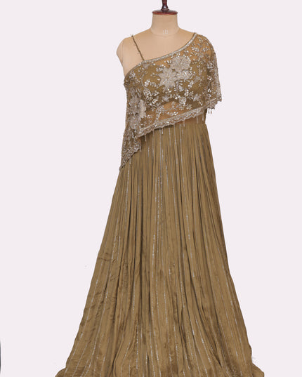 Mehendi Green Off Shoulder Gown with Attached Cape   - Colour Mehendi Green - Size L, XL, XXL