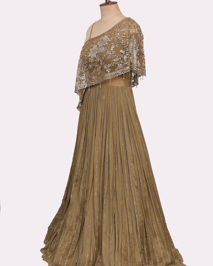 Mehendi Green Off Shoulder Gown with Attached Cape   - Colour Mehendi Green - Size L, XL, XXL