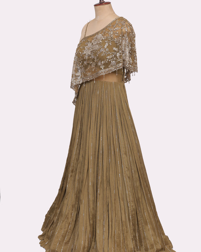 Mehendi Green Off Shoulder Gown with Attached Cape   - Colour Mehendi Green - Size L, XL, XXL