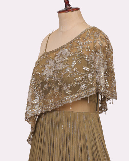 Mehendi Green Off Shoulder Gown with Attached Cape   - Colour Mehendi Green - Size L, XL, XXL