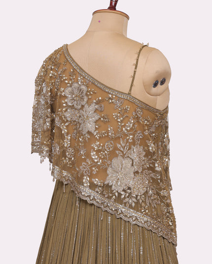 Mehendi Green Off Shoulder Gown with Attached Cape   - Colour Mehendi Green - Size L, XL, XXL