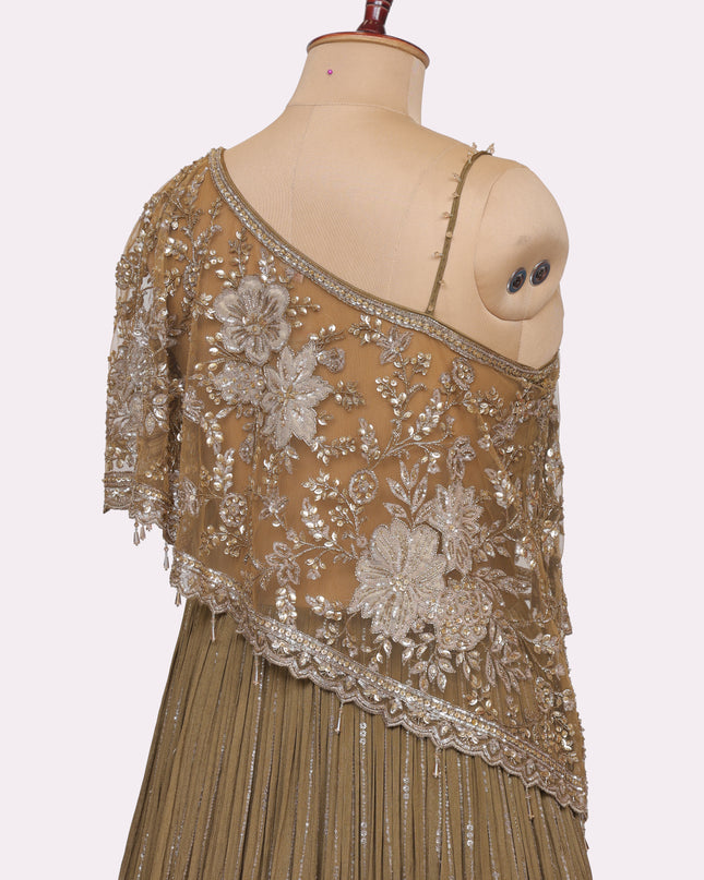 Mehendi Green Off Shoulder Gown with Attached Cape   - Colour Mehendi Green - Size L, XL, XXL