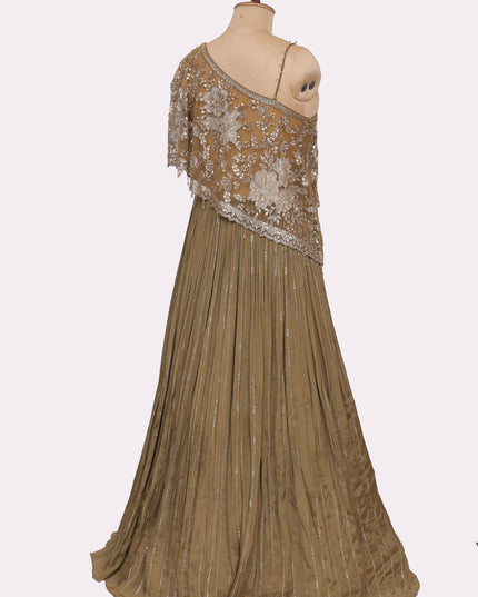 Mehendi Green Off Shoulder Gown with Attached Cape   - Colour Mehendi Green - Size L, XL, XXL