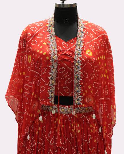 Bandhani Pure Georgette Skirt With Crop Top & Jacket - Colour Red - Size L, XL, XXL