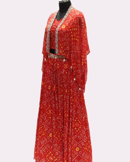 Bandhani Pure Georgette Skirt With Crop Top & Jacket - Colour Red - Size L, XL, XXL