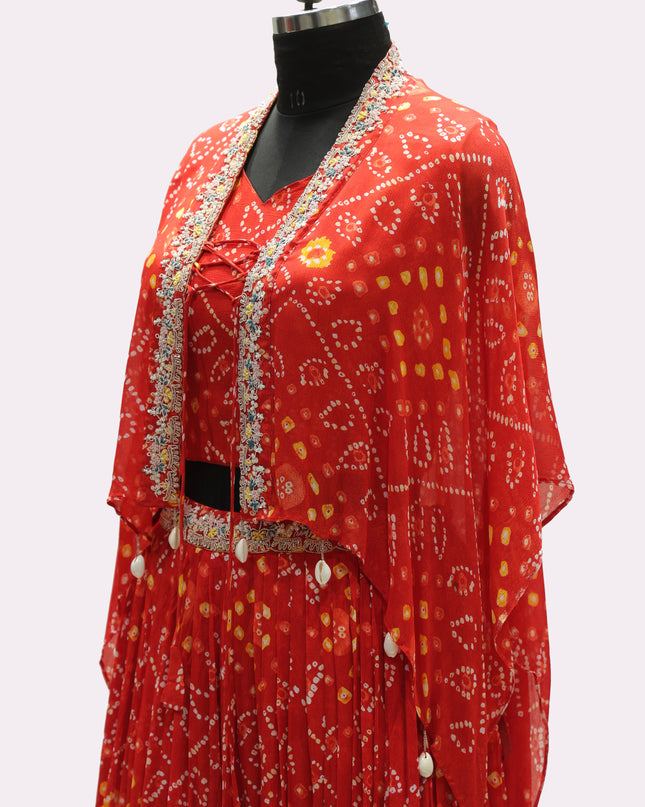 Bandhani Pure Georgette Skirt With Crop Top & Jacket - Colour Red - Size L, XL, XXL