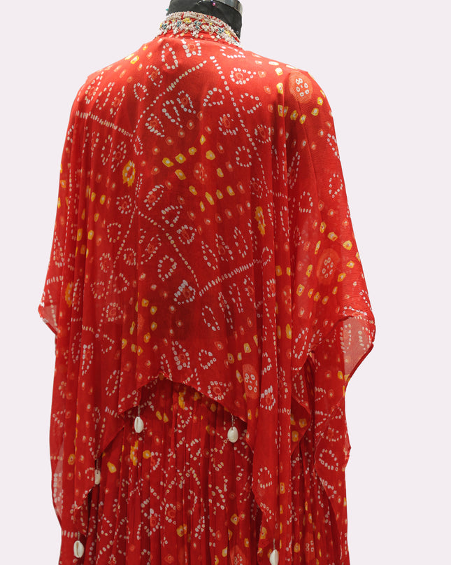 Bandhani Pure Georgette Skirt With Crop Top & Jacket - Colour Red - Size L, XL, XXL