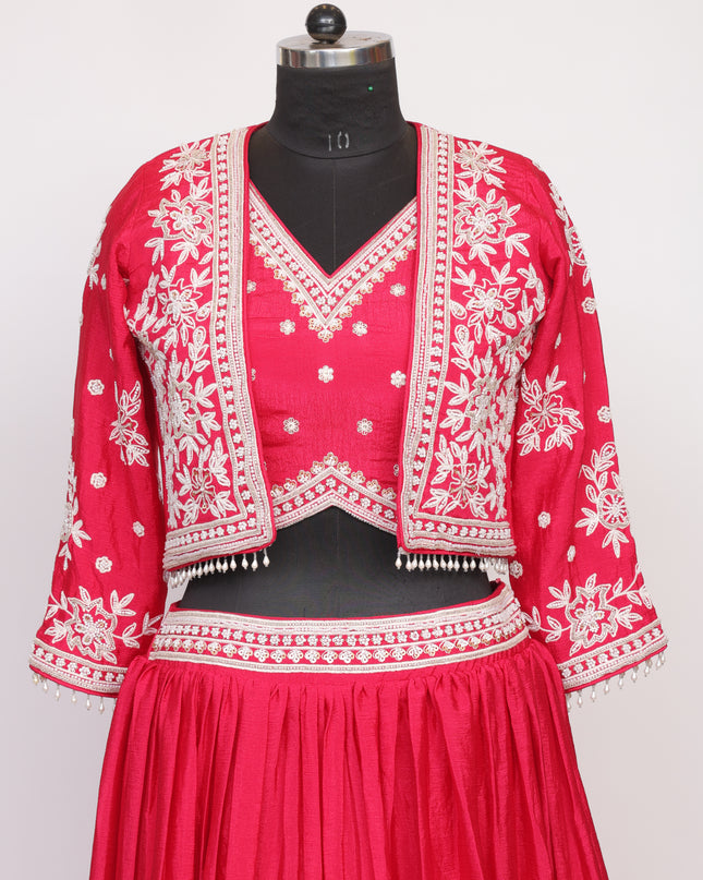 Pure Chinnon Fabric Skirt with Top and Jacket  - Color Rani Pink - Size L,XL,XXL