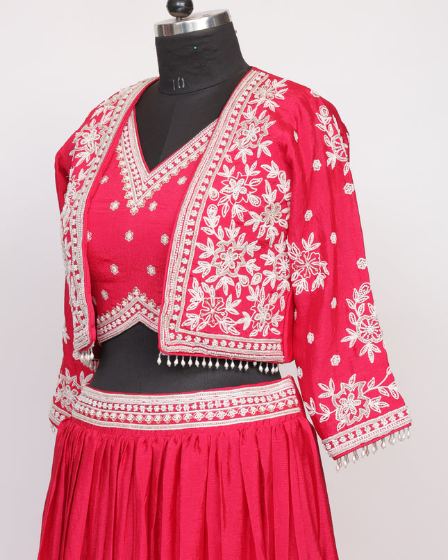 Pure Chinnon Fabric Skirt with Top and Jacket  - Color Rani Pink - Size L,XL,XXL