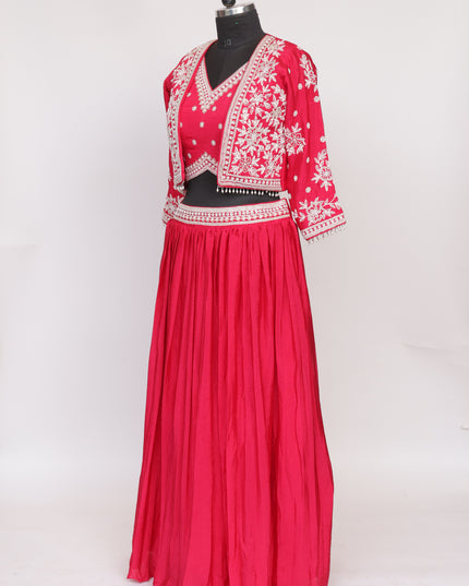 Pure Chinnon Fabric Skirt with Top and Jacket  - Color Rani Pink - Size L,XL,XXL