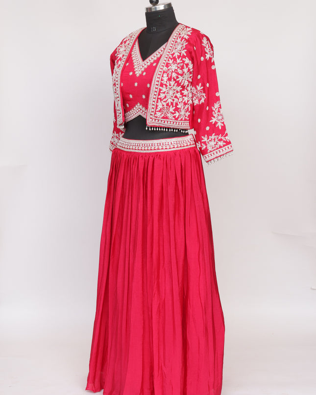 Pure Chinnon Fabric Skirt with Top and Jacket  - Color Rani Pink - Size L,XL,XXL