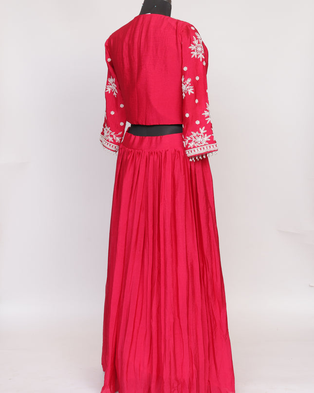 Pure Chinnon Fabric Skirt with Top and Jacket  - Color Rani Pink - Size L,XL,XXL