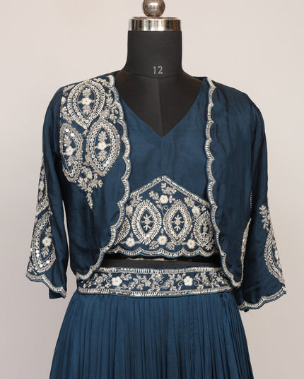 Blue Ombre Pure Crepe Skirt with Hand Embroidered Jacket & Top - Colour Blue - Size L, XL, XXL