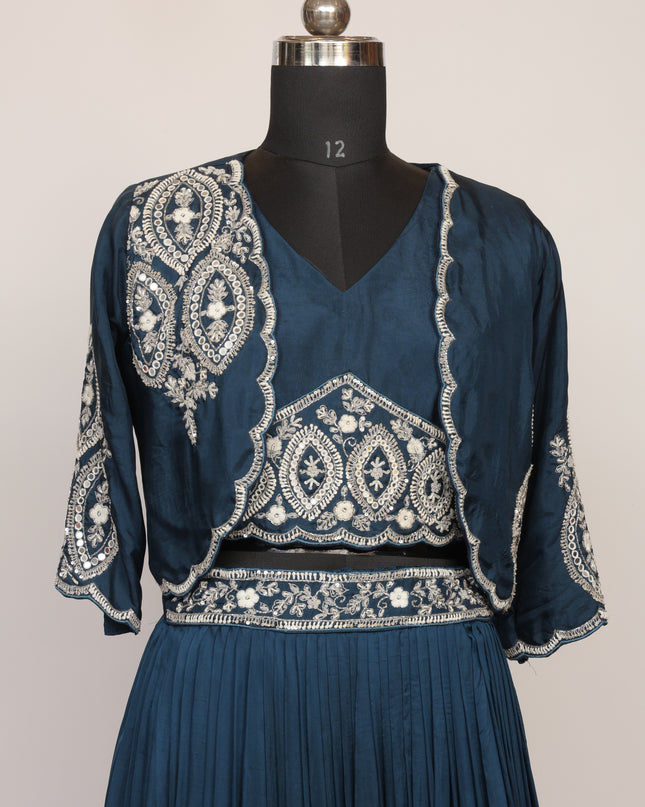 Blue Ombre Pure Crepe Skirt with Hand Embroidered Jacket & Top - Colour Blue - Size L, XL, XXL