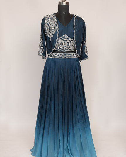 Blue Ombre Pure Crepe Skirt with Hand Embroidered Jacket & Top - Colour Blue - Size L, XL, XXL