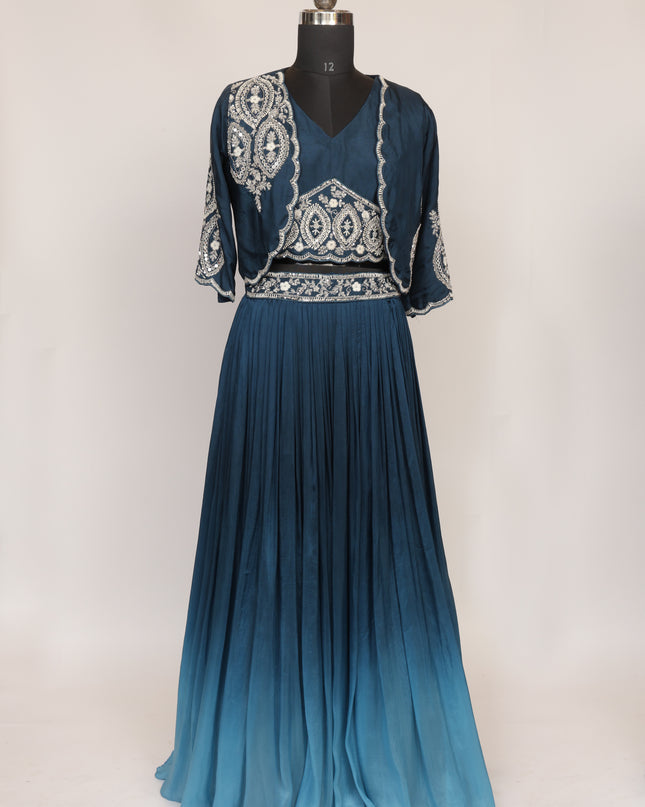 Blue Ombre Pure Crepe Skirt with Hand Embroidered Jacket & Top - Colour Blue - Size L, XL, XXL