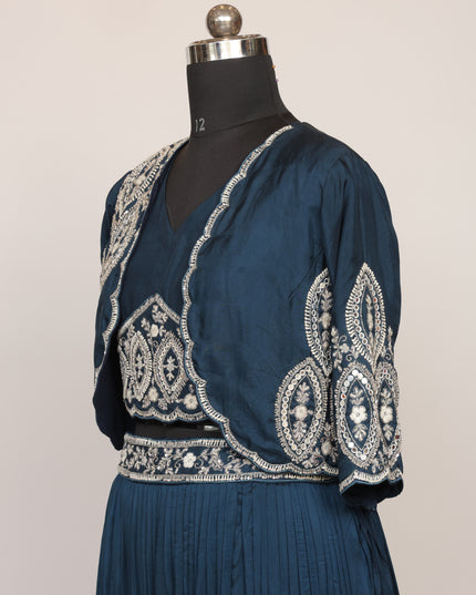 Blue Ombre Pure Crepe Skirt with Hand Embroidered Jacket & Top - Colour Blue - Size L, XL, XXL