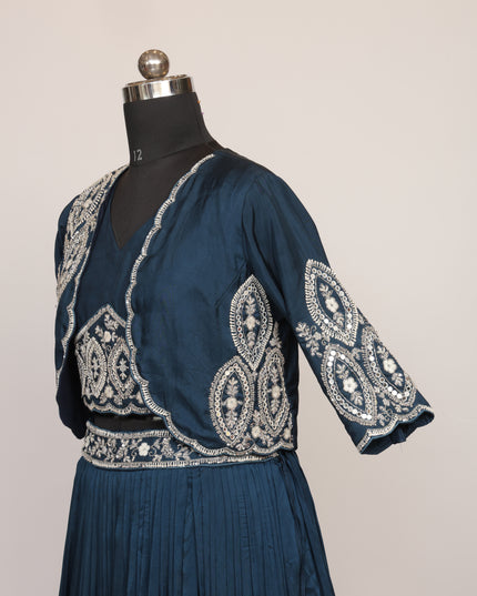 Blue Ombre Pure Crepe Skirt with Hand Embroidered Jacket & Top - Colour Blue - Size L, XL, XXL