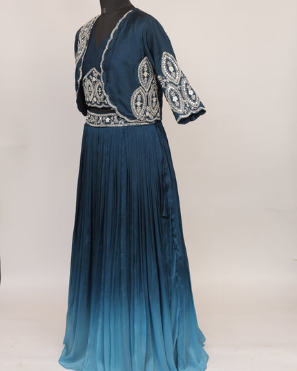 Blue Ombre Pure Crepe Skirt with Hand Embroidered Jacket & Top - Colour Blue - Size L, XL, XXL