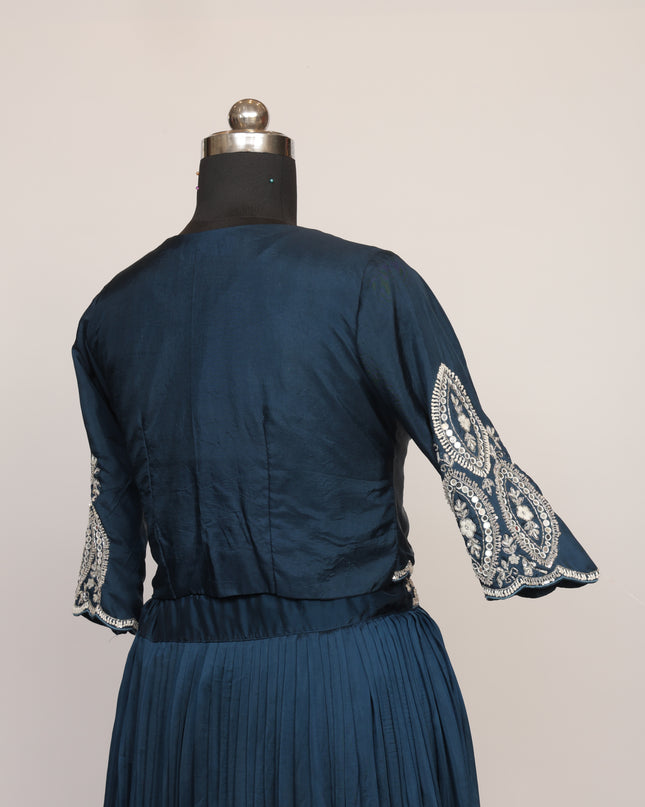 Blue Ombre Pure Crepe Skirt with Hand Embroidered Jacket & Top - Colour Blue - Size L, XL, XXL