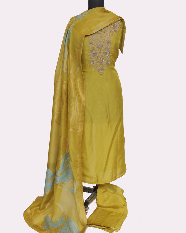 Pure Orgenza Suit  with Dabka Zardozi Work - Color Yellowish Green - Size REG