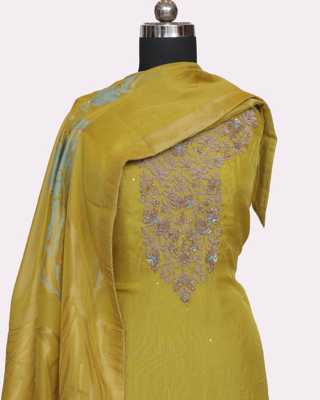 Pure Orgenza Suit  with Dabka Zardozi Work - Color Yellowish Green - Size REG