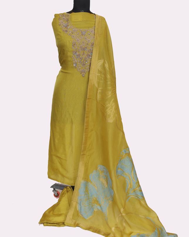Pure Orgenza Suit  with Dabka Zardozi Work - Color Yellowish Green - Size REG