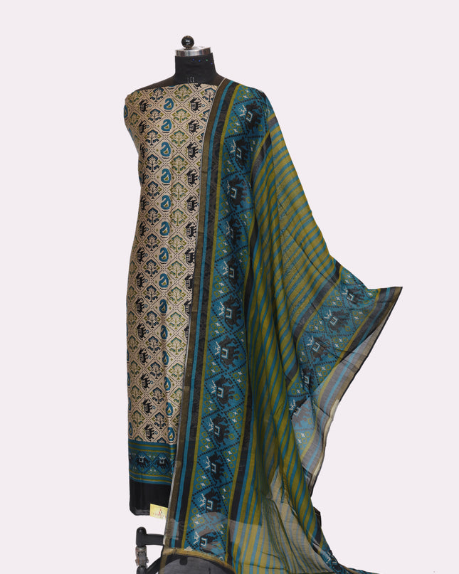 Pure Maheshwari Silk Suit Fabric with Patola Print Shirt and Dupatta - Color Blue - Size REG