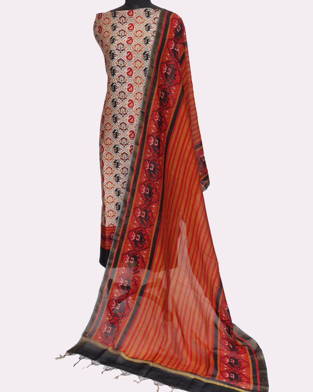Pure Maheshwari Silk Suit Fabric with Patola Print Shirt and Dupatta - Color Red - Size REG