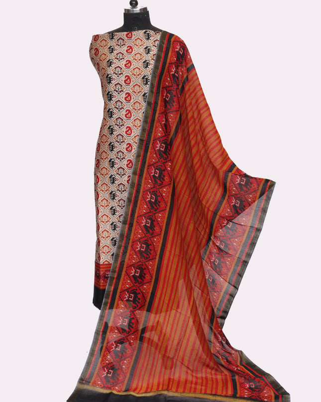 Pure Maheshwari Silk Suit Fabric with Patola Print Shirt and Dupatta - Color Red - Size REG