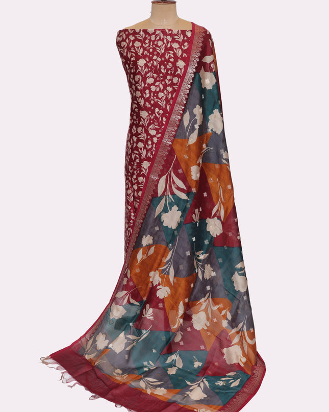 Pure Maheshwari Silk Suit Fabric  with Kani Dupatta - Color Maroon - Size REG