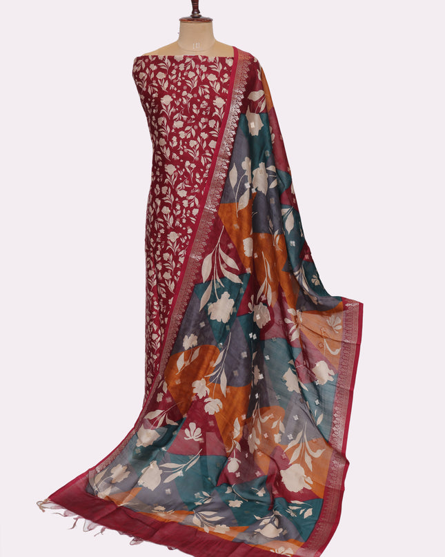 Pure Maheshwari Silk Suit Fabric  with Kani Dupatta - Color Maroon - Size REG