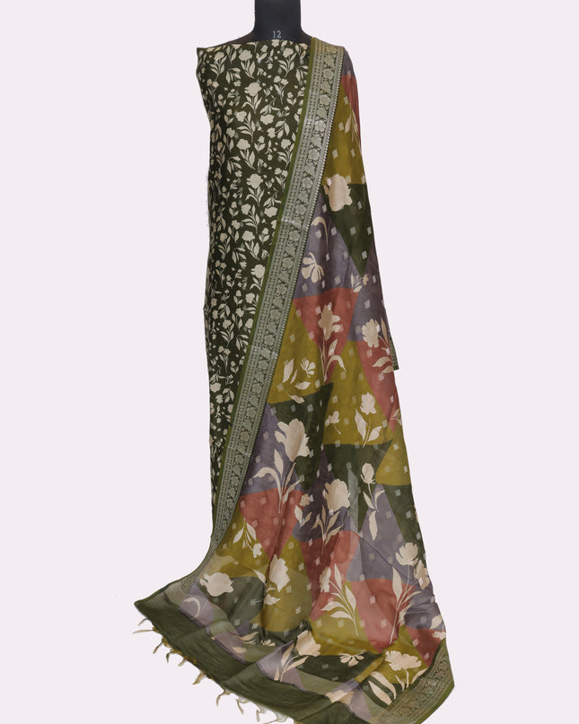 Pure Maheshwari Silk Suit Fabric with Kani Dupatta - Color Green - Size REG