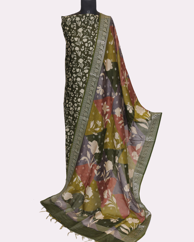 Pure Maheshwari Silk Suit Fabric with Kani Dupatta - Color Green - Size REG