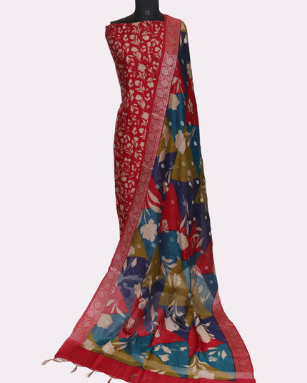 Pure Maheshwari Silk Suit Fabric with Kani Dupatta - Color Red - Size REG