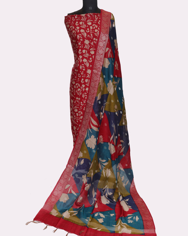 Pure Maheshwari Silk Suit Fabric with Kani Dupatta - Color Red - Size REG
