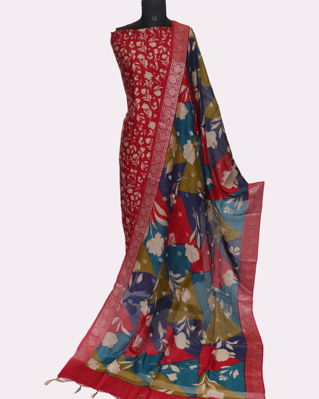Pure Maheshwari Silk Suit Fabric with Kani Dupatta - Color Red - Size REG