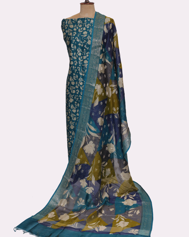 Pure Maheshwari Silk Suit Fabric  with Kani Dupatta - Color Blue - Size REG