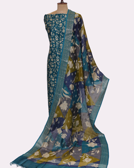 Pure Maheshwari Silk Suit Fabric  with Kani Dupatta - Color Blue - Size REG